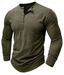 halpa -100% puuvillaa miesten henley paita t-paita pitkähihainen paita pitkähihainen yksivärinen muoti päivittäinen napit henley ulkoilu rento kesä tummanruskea tummanharmaa musta henley t-paita