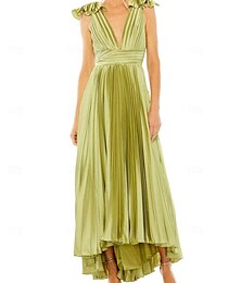 economico -Abiti Ospiti Matrimonio A-Line Trifoglio Abito Elegante Formale Lunghezza Caviglia Senza Maniche V Neck Charmeuse con Pieghe Fiore sulla Spalla