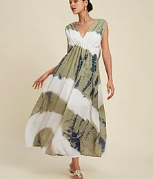 abordables -Femmes Robe Élégante Robe Longue Maxi Robe Vert Sans manches Entraînement Impression Été Col en V Vacances Décontracté Quotidien S M L