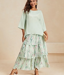 abordables -Femme Robe Ensemble Robe à Volants Décontractées Floral Multirang robe longue Manches 3/4 Col Ras du Cou Vacances Vert Eté Ample