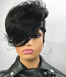 Недорогие -Парики с стрижкой пикси для чернокожих женщин, человеческие волосы, бесклеевой парик боб, короткий парик из натуральных волос, многослойный парик без кружева спереди с челкой