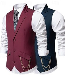 billiga -Herr Väst Gilet Dagliga kläder Semester Utekväll Vintage Mode Vår & Höst Knapp Polyester Bekväm Slät Enkelknäppt Kavajslag Normal Svart Vinröd Mörk marin Väst