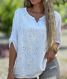 economico -Per donna Camicia Blusa Top Eleganti Tinta unica Semplice Elegante Essenziale Manica Lunga Collo a V Top Regolari Quotidiano Ricamato Traforato Nero Bianco Arancione Estate Primavera Autunno