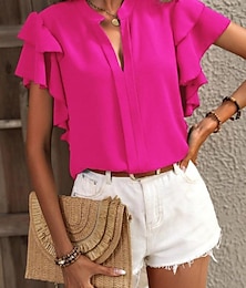 economico -Per donna Camicia Semplice Elegante Manica Corta A farfalla Scollo a V Vacanza Volant Blu Verde Rosa Estate