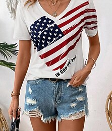 billige -Kvinners patriotiske T-skjorte uformell amerikansk flagg rød hvit og blå kortermet vanlige topper V-hals daglig hvit sommer