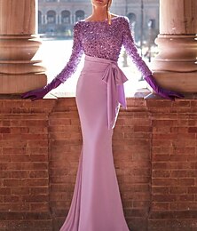 abordables -Vestido de noche de sirena con lentejuelas vestido elegante para recepción de boda formal largo hasta el suelo manga larga cuello joya con moño(s) perlas vestido de disfraz