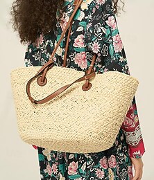 preiswerte -Große Tragetasche aus Stroh im Boho-Chic-Stil für Damen mit Lederriemen, perfekt für Strandausflüge und entspannte Sommertage
