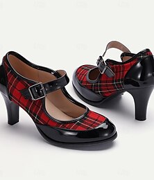 abordables -Femme Chaussures à Talons Rétro Baby Travail du quotidien Plaid Boucle Talon Aiguille Bout rond Elégant Rétro Vintage Preppy Polyuréthane Tissu Boucle Noir / blanc Noir / Rouge Noir / Jaune