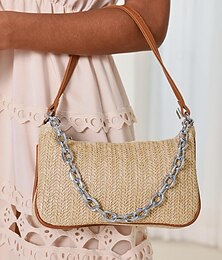 preiswerte -Damen Schultertasche Aguette Tasche Strohsack Stroh Festtage Strand Reise Kette Hohe Kapazität Feste Farbe Khaki