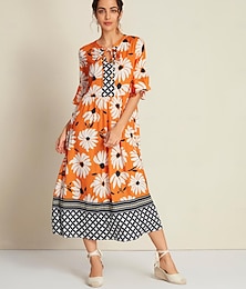 abordables -Femmes Ample Robe évasée Robe Imprimée Robe Maxi Orange Manche 3/4 Géométrique Imprimé Floral Impression Printemps & Été Col en V Col montant Bohème Vacances Décontracté Quotidien XS S M