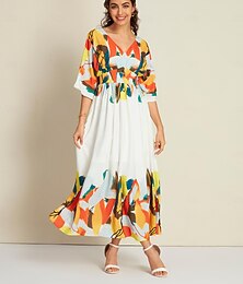 preiswerte -Damen Maxi-Saum Maxikleid Weiß Halbärmel Grafikdrucke Raffhalter Sommer Frühling & Herbst V Ausschnitt Urlaub Alltagstauglich S M L