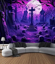 economico -Arazzo di teschi di Halloween con luce nera arazzo reattivo agli UV che brilla al buio foresta nebbiosa arazzo appeso arte murale murale per soggiorno camera da letto