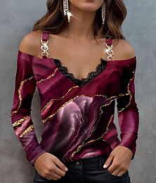 economico -Blusa da donna a maniche lunghe V Neck stampa di moda astratta spalla fredda regolare per uso quotidiano rossa blu verde primavera e autunno