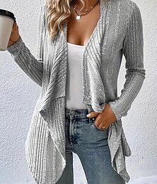 abordables -Mujer Abrigo tipo cárdigan Casual Color sólido Estriado Frente Abierto De Punto Costura asimétrica Manga Larga Tops regulares Tejer Diario Verde Trébol Caqui Primavera Otoño