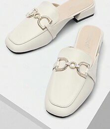 preiswerte -weiße Damen-Pantoletten aus Leder mit Strass-Schnalle – elegante Slipper zum Hineinschlüpfen für lässige und formelle Outfits