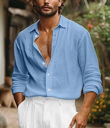 abordables -Homme Chemise Chemise en lin Couleur Unie Rue Quotidien Bleu manche longue Col rabattu Printemps & Été Vêtement Tenue