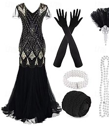 abordables -Rugido 20s 1920s Vestido Cóctel Hasta la Rodilla Vestido Flapper Vestidos Accesorios El gran Gatsby charlestón Invitado a la boda Lentejuelas Borlas Pluma Disfraz Mujer Año Nuevo Mascarada Ropa de