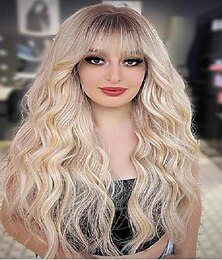 levne -ombre blond paruka s ofinkou dlouhé blond vlnité paruky pro ženy syntetické kudrnaté a vlnité paruky s tmavým kořenem střední dělení odolná vůči teplu paruka pro každodenní nošení na párty