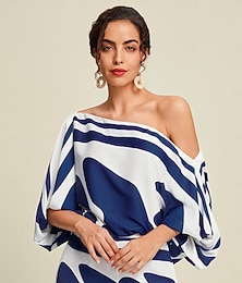 preiswerte -Damen Abstrakt Alltagstauglich Wochenende Puffärmel Marineblau Puffärmel Dreiviertelarm Elegant Boot Frühling & Herbst