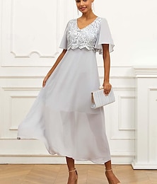 abordables -Femme Robe Trapèze Polyester Dentelle A Volants Col V Manche à volant Manche Courte Robe Maxi robe demoiselle d honneur Soirée Cocktail Elégant Grande occasion Gris Eté