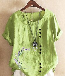 economico -Per donna Taglie Forti Camicie ispirate al lino Abbottonare Maglietta Grafico Casual Manica Corta Girocollo Top Regolari Quotidiano Stampato Verde Primavera Tutte le stagioni