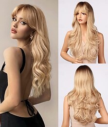 economico -parrucca bionda con frangia - parrucche lunghe e ondulate con frangia a tendina per donne bianche, capelli sintetici resistenti al calore biondo cenere chiaro con radici scure, parrucche naturali alla
