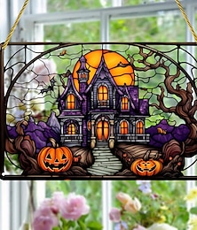 abordables -Castillo de la casa embrujada de Halloween y pared acrílica con cabeza de calabaza colgante - decoración espeluznante del hogar para ventanas, puertas y paredes del porche