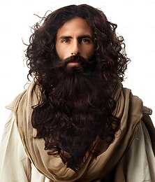 economico -parrucca riccia e barba marrone di Gesù Mago accessorio costume cosplay divertente di Halloween per adulti