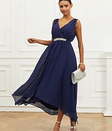 abordables -Robe Trapèze Robe Débardeur Femme Robe Maxi Ruché Etagée robe demoiselle d honneur Soirée Cocktail Elégant Col V Sans Manches Ample bleu marine S M L XL 2XL