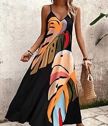 ieftine -Rochie Maxi pentru Femei Rochie Sundress Rochie A Line Rochie Florală Stylish Fluidă Vacanță Casual Plajă Mărime Largă Pictură în Ulei Fără Umeri Guler în V Negru Vara