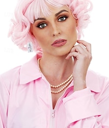 economico -Parrucca Francese Rosa Parrucche Personaggio degli anni 50 per Pink Ladies Parrucca Rosa - Parrucca Riccia Corto Rosa Parrucche per Donne Parrucca Rosa Corto Parrucche di Halloween