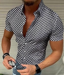 billiga -Herr Geometriska mönster Galler Skjorta Kortärmad Designer Strandstil Ledigt Sommar Nedvikt Mönster Svart Vit Rubinrött Blå Grön
