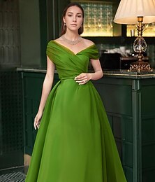 abordables -Robe de cocktail en A robes élégantes invitée de mariage d'été longueur chevilles sans manches épaules dénudées invité de mariage automnal satin avec robes froncées