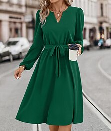 cheap -Women's Casual Dress Midi Dress Lace up Date Vacation Streetwear Basic Split Neck Long Sleeve Black Navy Blue Green Color