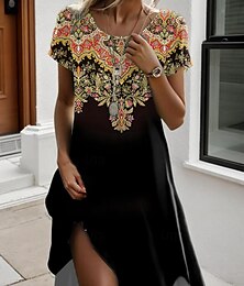 levne -Dámské mini šaty petite šaty tričkového střihu šaty tee A line šaty letní šaty stylové ležérní dovolená každodenní prázdniny volný střih grafika krátký rukáv kulatý výstřih oranžové léto