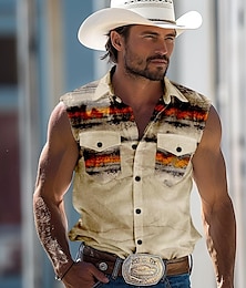 economico -Per uomo A strisce Camicia Camicia occidentale Camicia da cowboy Senza maniche stile western Esterno Ufficio Casual Estate Primavera Colletto Rosso Blu Cachi Grigio