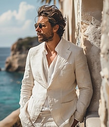 economico -Per uomo Giacca blazer Matrimonio Feste Casuale Elegante Vacanza Estate Primavera Lino Tinta unica Monopetto due bottoni Giacca Blu Beige