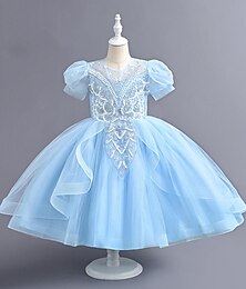 billiga -Flickor 3D Ensfärgat Flower Girl Klänning Festklänning Kortärmad Sommar Vår Prestanda Bröllop Fest Prinsessa Skön Ljuv Barn 4-12 år Festklänning Swingklänning Tyllklänning Maxi Normal