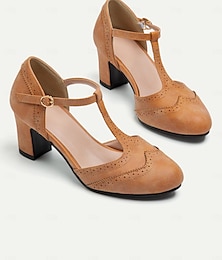 preiswerte -Elegante Vintage-Pumps mit T-Riemchen und dickem Absatz für Damen – braune Brogue-Pumps aus Leder für Oktoberfest, Retro und Abendgarderobe