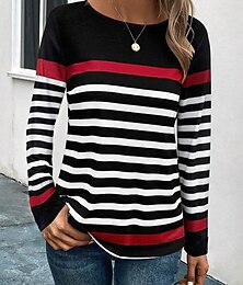abordables -Camiseta de mujer, informal, estampada, manga larga, cuello redondo, para uso diario, negra, azul, naranja, para primavera y otoño