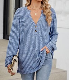 abordables -Femme Pull Chandail mode Décontractées Couleur unie A côtes Col V Boutons manche longue Hauts réguliers Tricoter du quotidien Rose Claire Bleu Printemps Automne