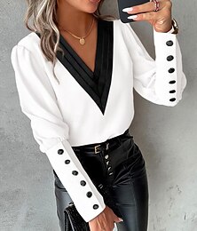 economico -Per donna Blusa Color Block Moda Moderno Manica lunga Manica a lanterna A V Ufficio Bottoni Bianco Rosa Rosso Beige Primavera Autunno