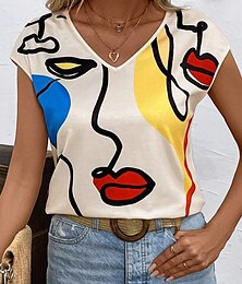economico -Top in satin da donna casual stampa astratta senza maniche tops regolari scollo a V quotidiano beige estate