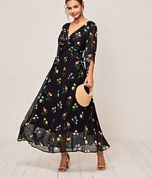 economico -Per donna Vestito maxi Abito linea A Elegante Moda Manica svasata Invitati del matrimonio Giornaliero Cocktail party Standard Floreale Manica a 3/4 A V Nero Estate Autunno