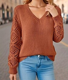 abordables -Femme Pull Chandail Elégant Couleur unie Crocheté Col V Tricoté manche longue Hauts réguliers Tricoter du quotidien Bleu Fuchsia Printemps Automne