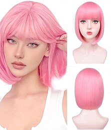 economico -Parrucche a caschetto corte con frangia - parrucca dritta per donne 12 pollici parrucca sintetica fibra resistente al calore capelli naturali Festa di Halloween Cosplay