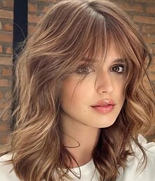 abordables -Perruques courtes bouclées avec frange, perruques ondulées pour femmes, perruques blondes synthétiques résistantes à la chaleur, longueur d'épaule, aspect naturel, ombre marron clair
