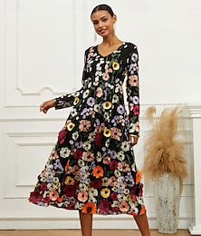ieftine -Pentru femei Rochii Midi Rochie neagra Rochie A line Elegant Stilat Episcop Invitat la nunta Petrecere cu cocktail Fit regulat Floral Manșon Lung În V Negru Primăvară Toamnă