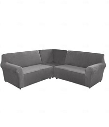 preiswerte -Stretch-Samt-5-Sitzer-Sofabezug in L-Form, einfarbig, All-Inclusive-Sofabezug für private Sitzecke in L-Form