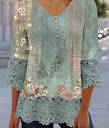 economico -Bluse Eleganti in Pizzo per Donna con Occhielli Blusa Casual Ombre con Bottoni in Pizzo a Maniche 3/4 Top Regolari Collo a V Top Petits Romantici da Indossare in Estate e Vacanza Nero Rosa Blu Verde